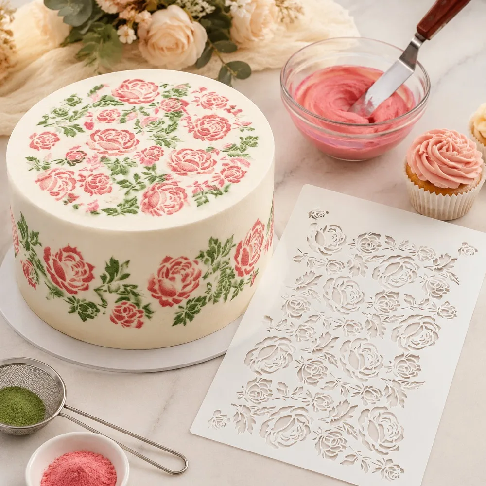 Rose Floral Hollow‑Out Stencil, Food‑Grade Cake Decor Template, Multi‑purpose DIY Tool for Baking, Clay Art, Scrapbook Painting