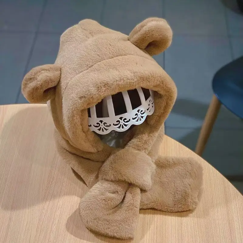 Wintermütze und Schal-Set für Damen und Herren, mit Fleece gefüttert und dick, Plüschmütze mit winddichtem Gehörschutz, süßes Design