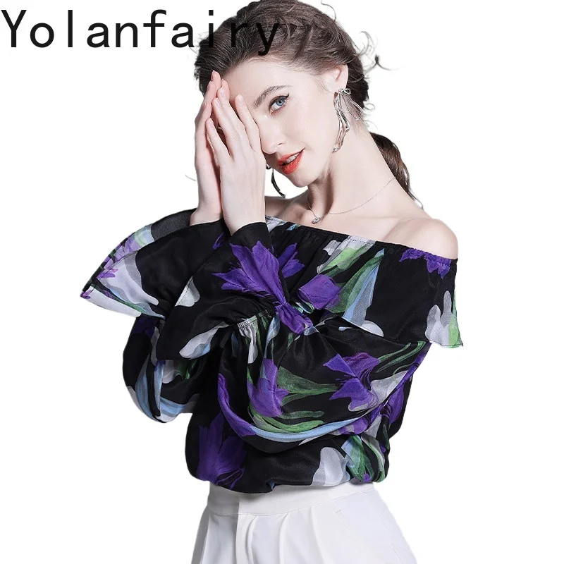 

YOLANFAIRY 100% натуральные шелковые блузки из тутового шелкопряда для женщин, весна 2026, винтажная рубашка с цветочным принтом, мужская одежда, топы с длинным рукавом, элегантные