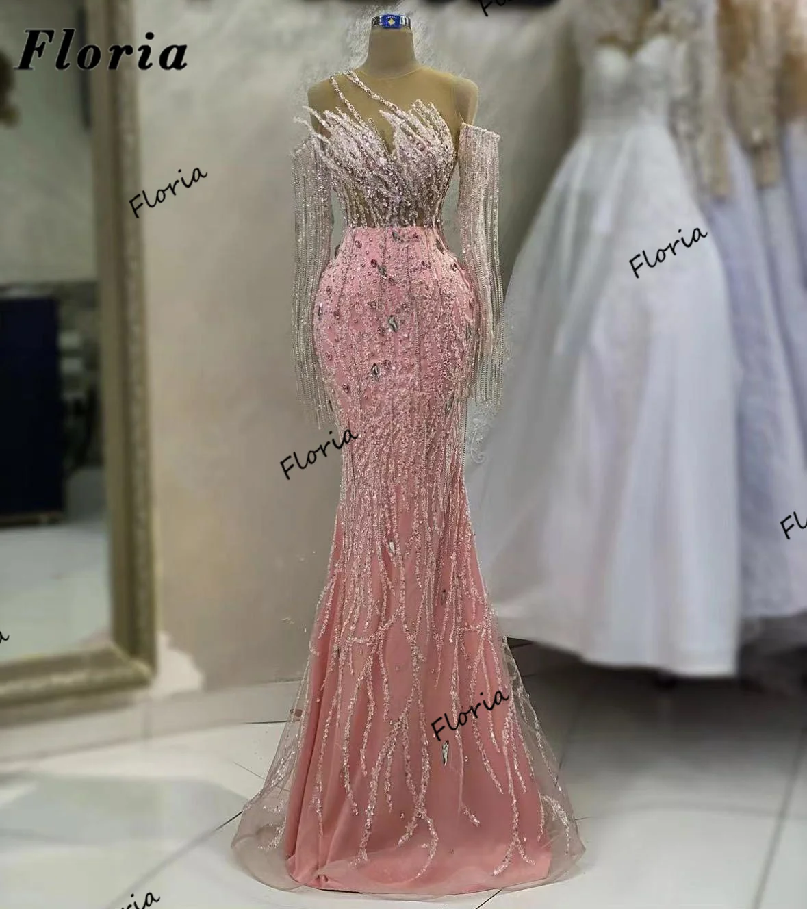 Pink Off Shoulder Party Dresses Arabic Sparkly Sequins Mermaid Celebrity Dress Custom Made Luxury Evening Gowns For Women Robes