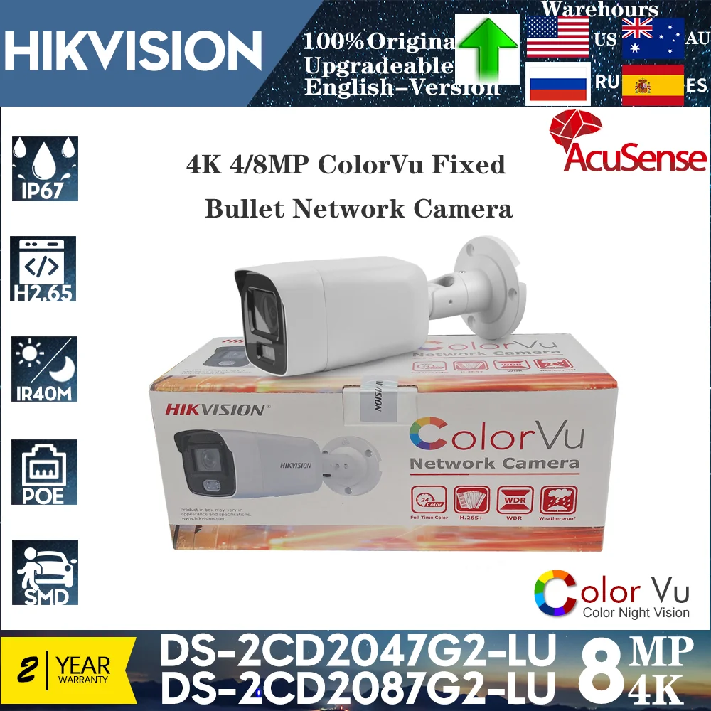 Hikvision Original 8MP DS-2CD2087G2-LU Powered-by-DarkFighter Fixed Mini Bullet Network Camera IR 30M Smart Event H.265+ SD Card