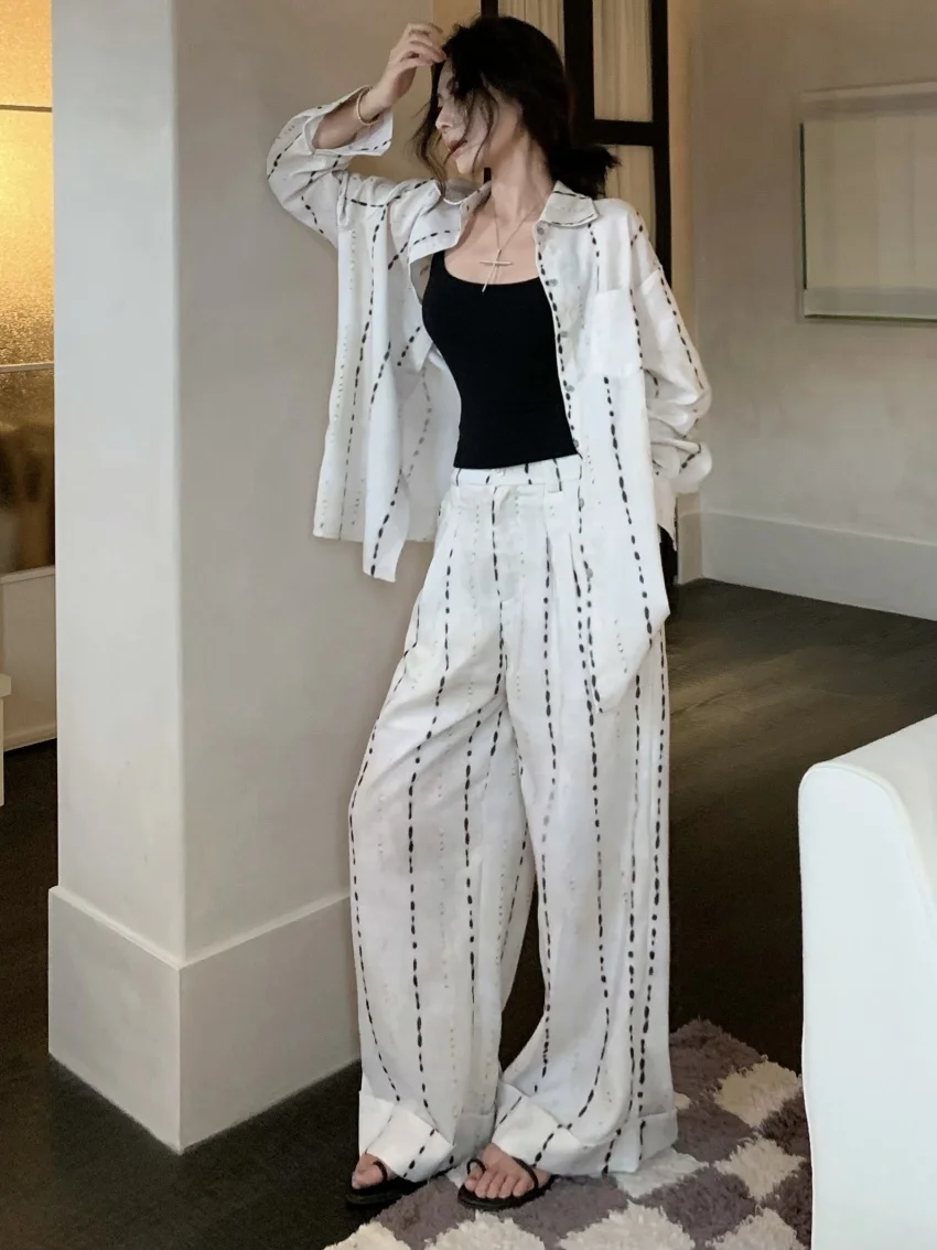 Alien Kitty-Conjuntos sueltos informales para mujer, camisas de manga larga con estampado de protección solar, pantalones de pierna ancha suaves, elegantes, para oficina