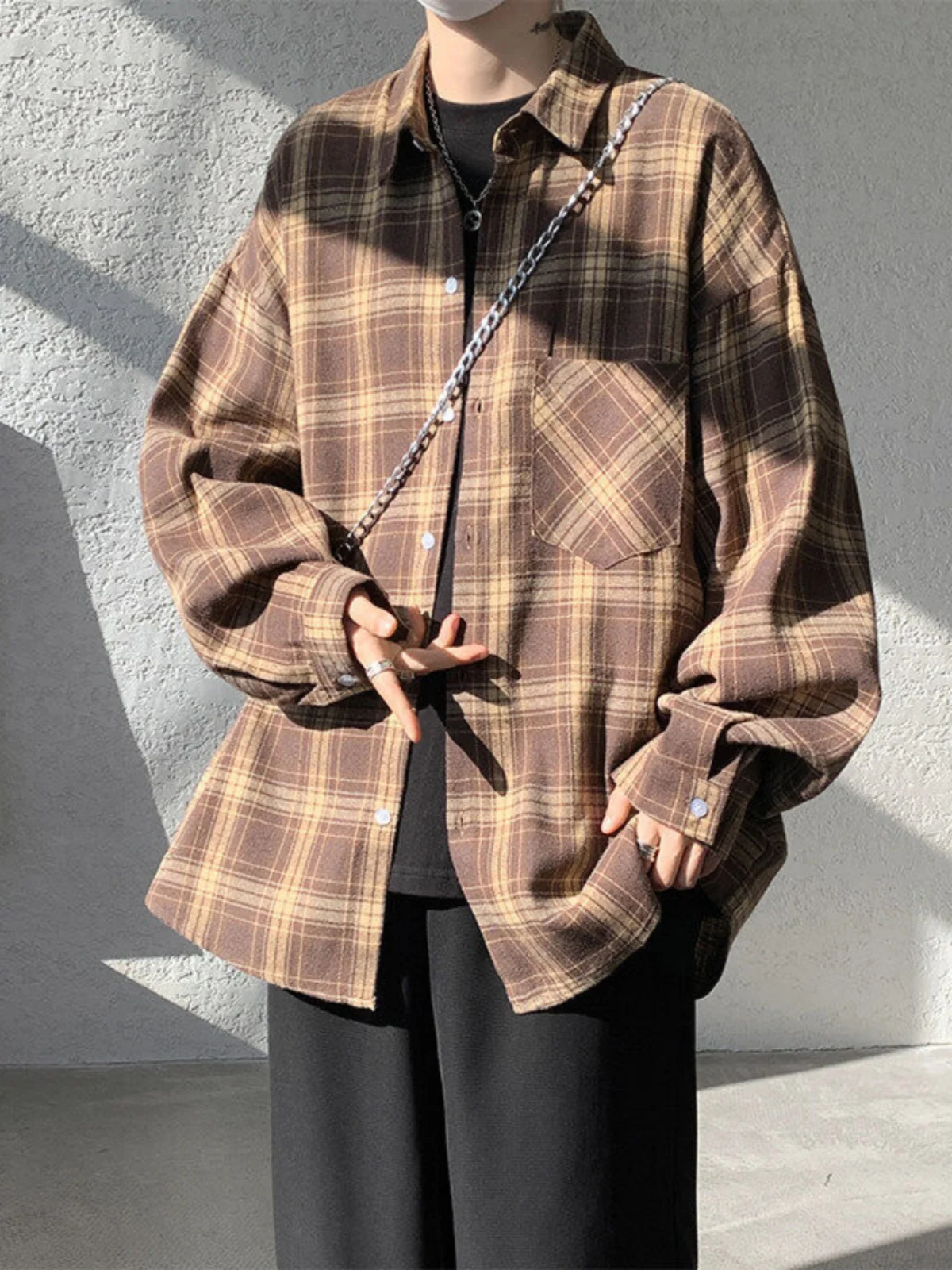 

Винтажная клетчатая рубашка с длинным рукавом для мужчин, новая весенняя модель в американском стиле, свободный крой, тонкая верхняя одежда из полиэфирного волокна, повседневная рубашка