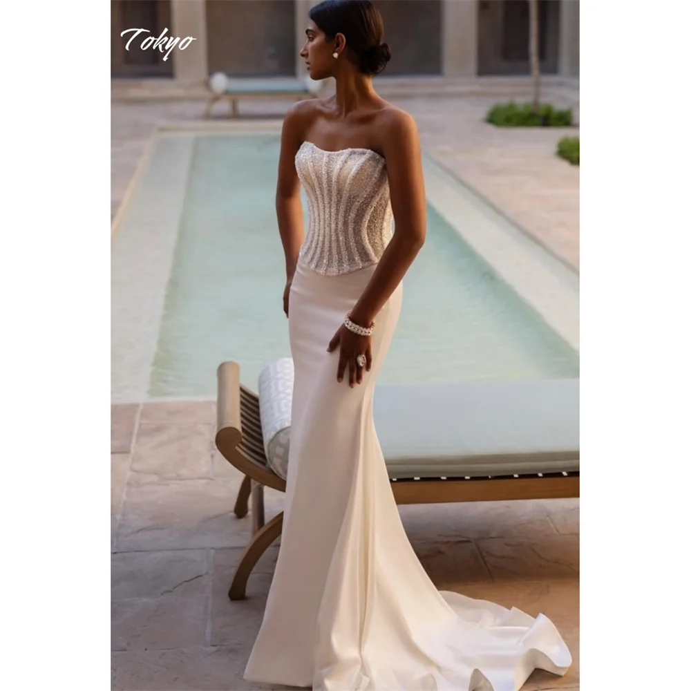 

Токио, бежевое свадебное платье русалки по индивидуальному заказу, без бретелек, без рукавов, на молнии сзади, фата 2025 года, элегантное свадебное платье со шлейфом