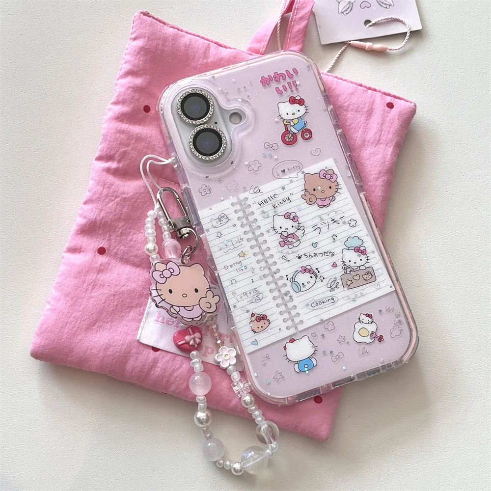 

Kawaii Glitter New Hellokitty with Chain Pink Phone Case For iphone 13 14 16 15 Pro Max Fundas Luxury Fashion INS Lovely Cover