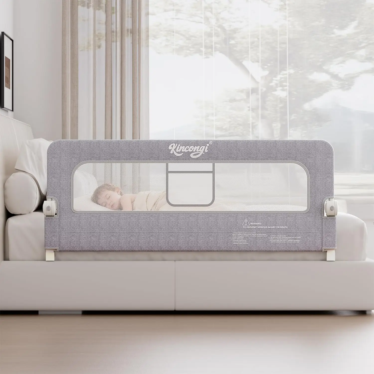 

59-Inch Swing-Down Toddler Bed Rail with U-Shape Base, Breathable Guard for King, Queen, Full, Twin Beds