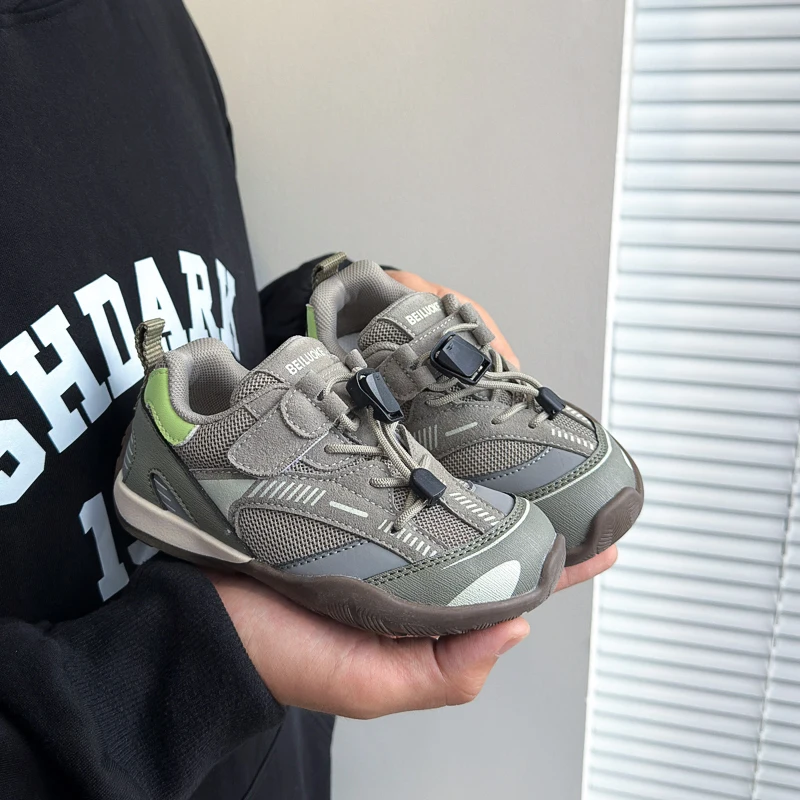 Kids'Casual Shoes PU Leather Fashion Color Blocking Autumn Shoes For Children Anti-slip Breathable Green Khaki Shoes Size 24-34