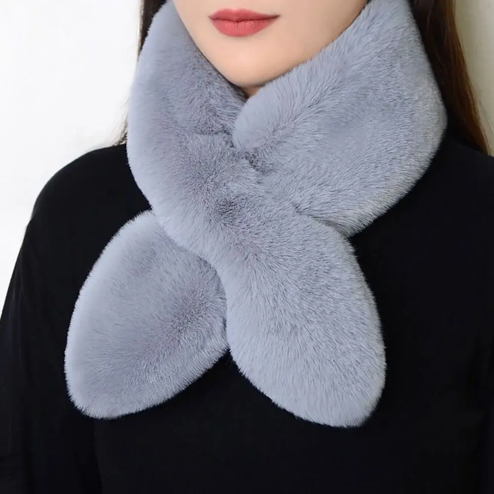 Women Winter Warm Thicken Cross Collar Scarf Solid Color Faux Rabbit Fur Plush Elegant Shawl Scarfs Neckerchief Wrap Neck Warmer