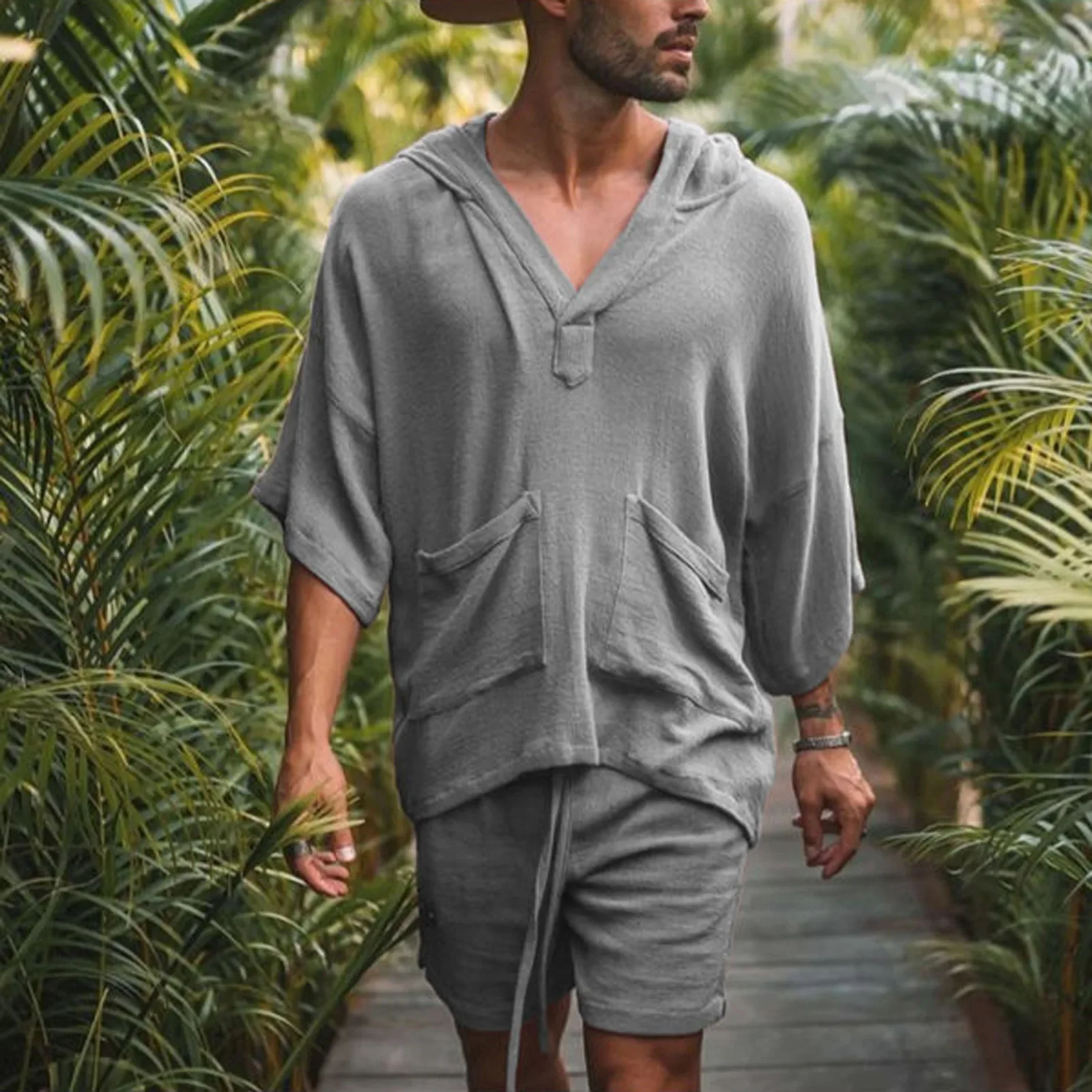 Men's Summer Fashion Loose Solid Linen Material Casual Two Piece Set Half Sleeve V-Neck Top Daily Casual Shorts Suits