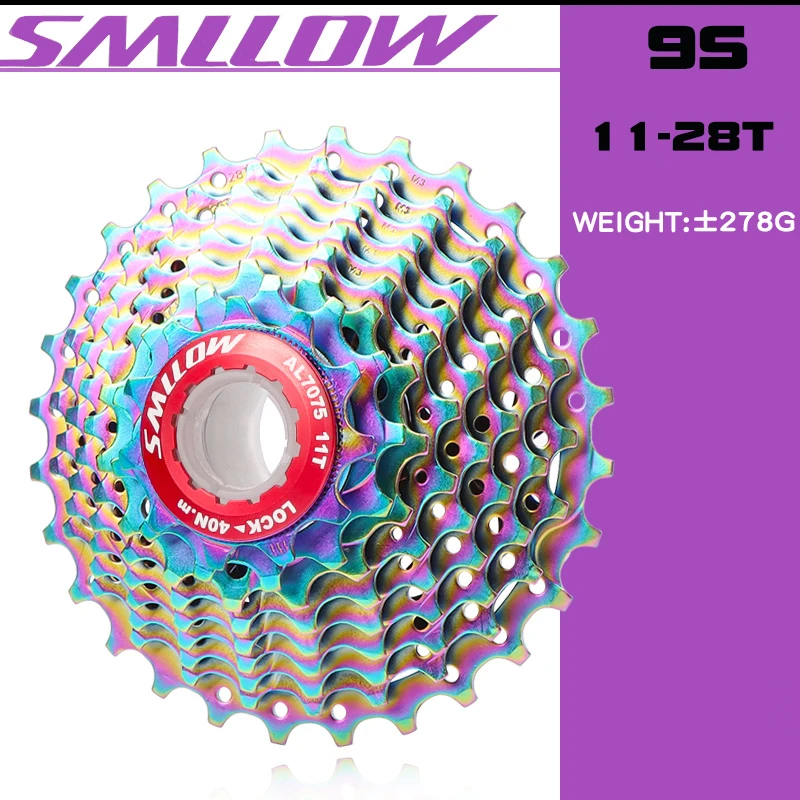 SMLLOW Road Bicycle Colorful Cassette Freewheel 9 Speed 11-13-15-17-19-21-23-25-28T Chrome-Molybdenum Steel Flywheel Rainbow