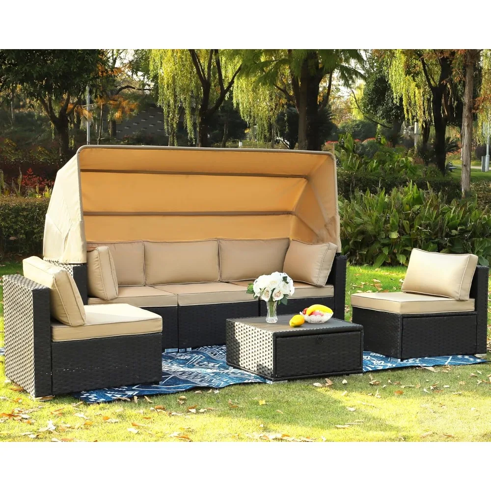 

6 Pieces Patio Furniture Set Outdoor Conversation Set Daybed with Retractable Canopy Patio Sectional Rattan Sofa Set /Adjustable