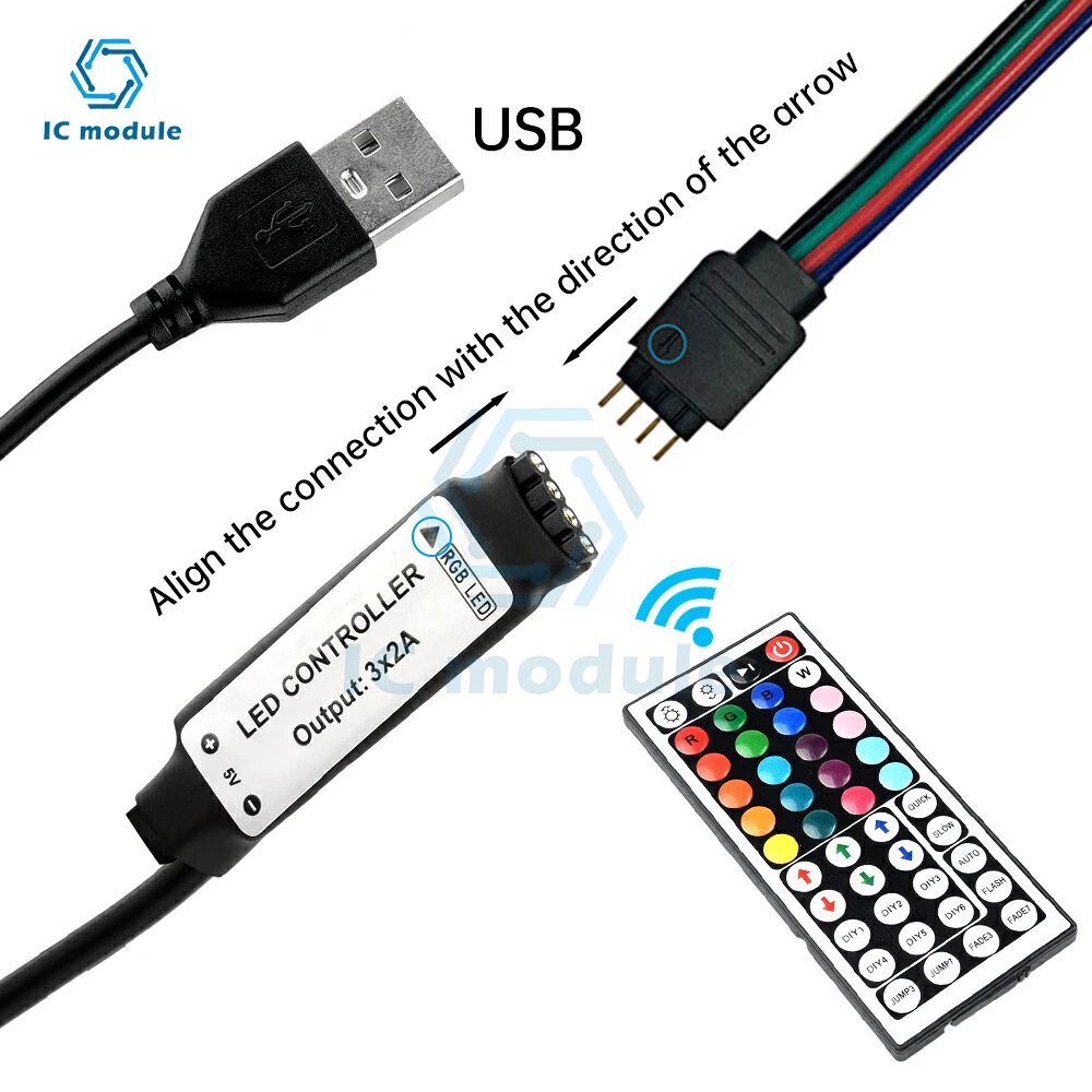 Controller per strisce luminose a LED RGB DC 5-24V 44 tasti Connettore DC/USB Dimmer telecomando IR per strisce LED 12V 24V