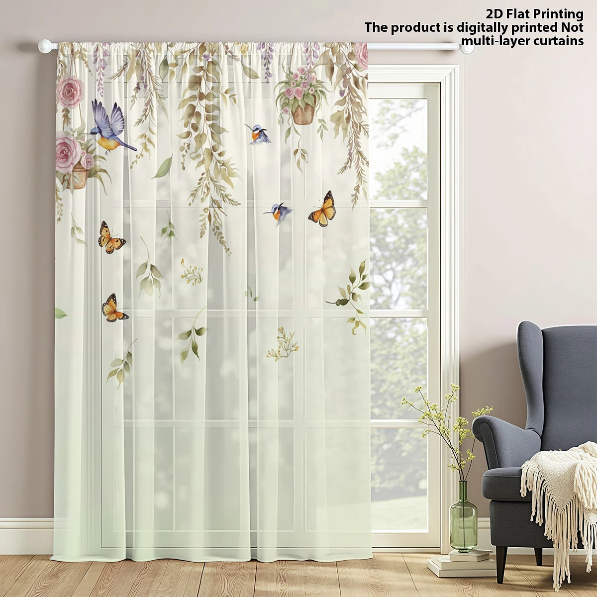 Elegant Floral & Butterfly Sheer Curtain - Translucent, Light Reducing, Privacy, Rod Pocket, for Living/Bedroom/Kids Room 1 Pc