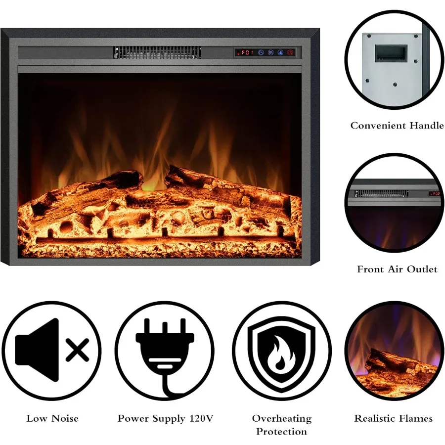 30inch Recessed Electric Fireplace Insert with Remote Control for Modern Living Room or Bedroom Heating Adjustable Flame Colors