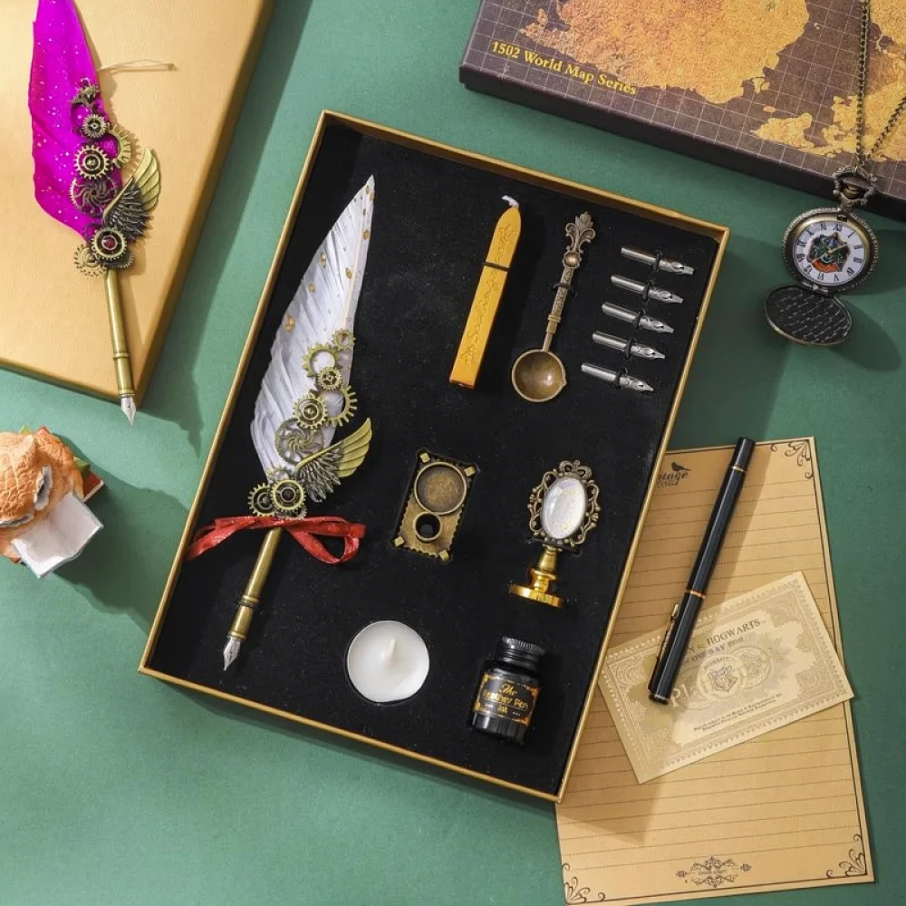 Wax Seal Stamp Set - Conjunto de Caneta de Pena Mecânica