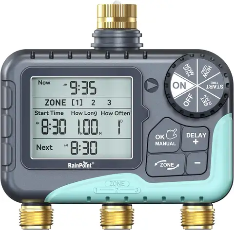 3 Zone Water Timer with Brass Inlet & Outlet, 3 Custom Watering Plans, IP65 Waterproof, Rain Delay, Manual & Automatic Watering, Large LCD, 2026 Version