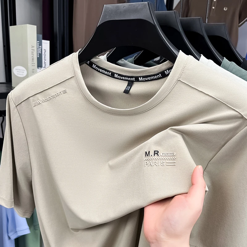 العلامة التجارية الفاخرة أزياء إلكتروني تنقش قصيرة الأكمام تي شيرت الراقية حريري ناعم تنفس بارد مريح الرجال جولة الرقبة أعلى #3