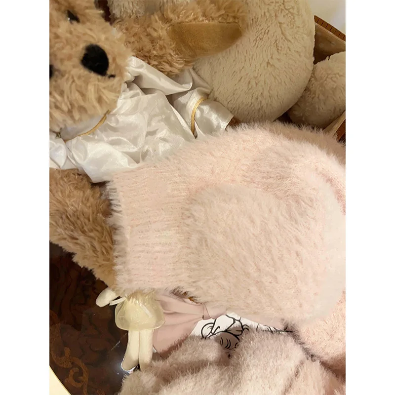 2026 جديد الحلو الأرنب الأذن مقنعين نصف الصوف السراويل الطويلة 2 قطعة مجموعة النساء الشتاء الصوف مبطن محبوك ملابس المنزل الوردي بيجامة مجموعة #3