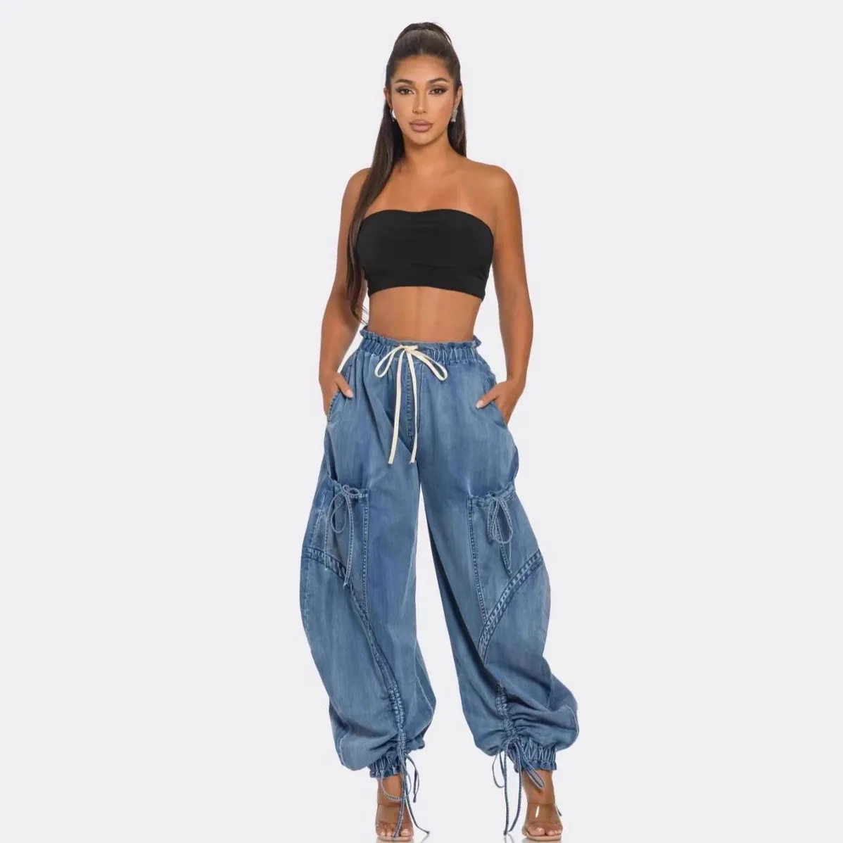 Loose Fit Bow Jeans Mid Rise Streetwear with European and American Style Gathered Harem Regular Thickness Autumn Women Jeans