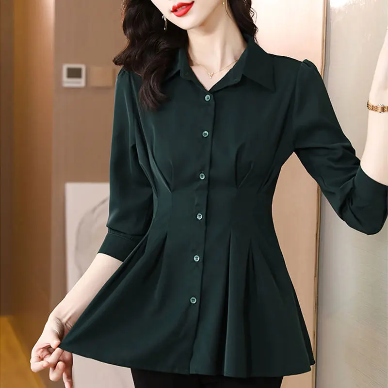 Fashion Folds Slim Waist Shirt Female Clothing Solid Color Long Sleeve Spring Autumn Single-breasted Commute Polo-Neck Blouse