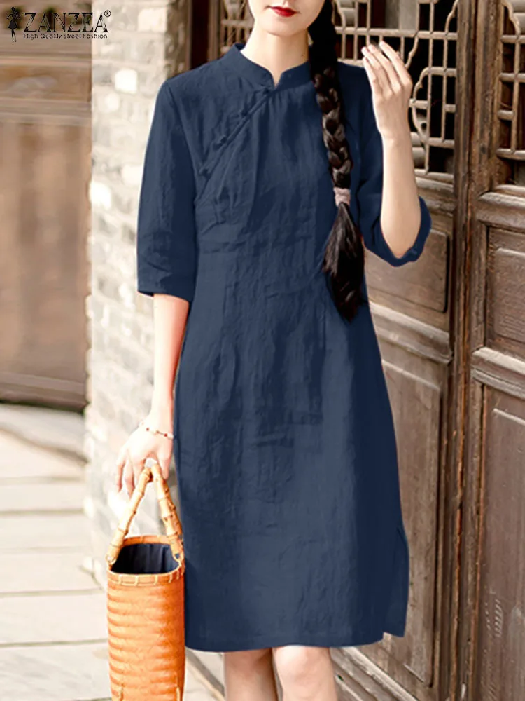 ZANZEA Woman Elegant Party Dress Female Casual Split Hem Robe 3/4 Sleeve Stand Collar Sundress Summer Stylish Holiday Vestidos