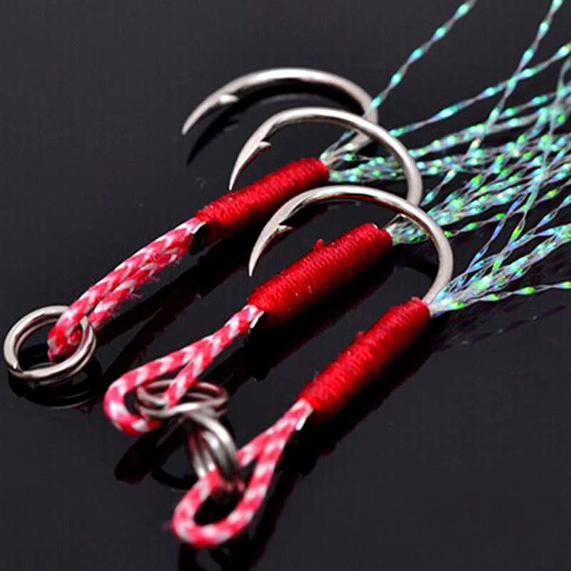 10PCS/Lot Carbon Steel Cast Jig Assist Fishing Hooks Thread Feather Lure Fishing Tackle Slow Jigging Head Hook Lure Accessories