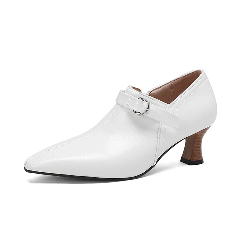 Women Pointed‑Toe Buckle Ankle Booties Kitten Heel Side Zipper Shoes Size 32‑50 2403