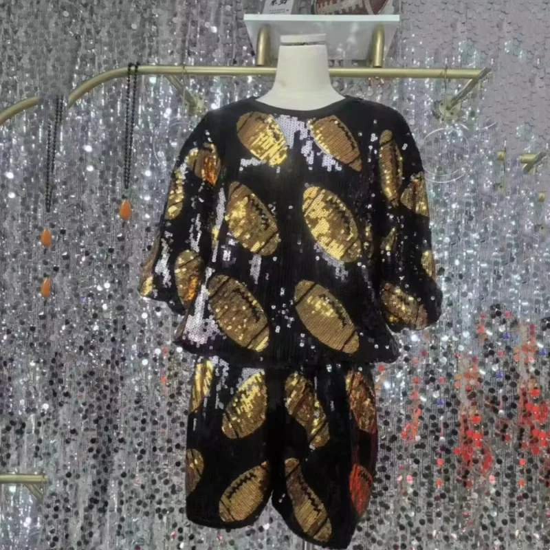 

Runway Summer Streetwear Loose Short Sleeve Sequins Round Neck T-Shirt + Pants Night Club Hip Hop Women Print Two-Piece Sets