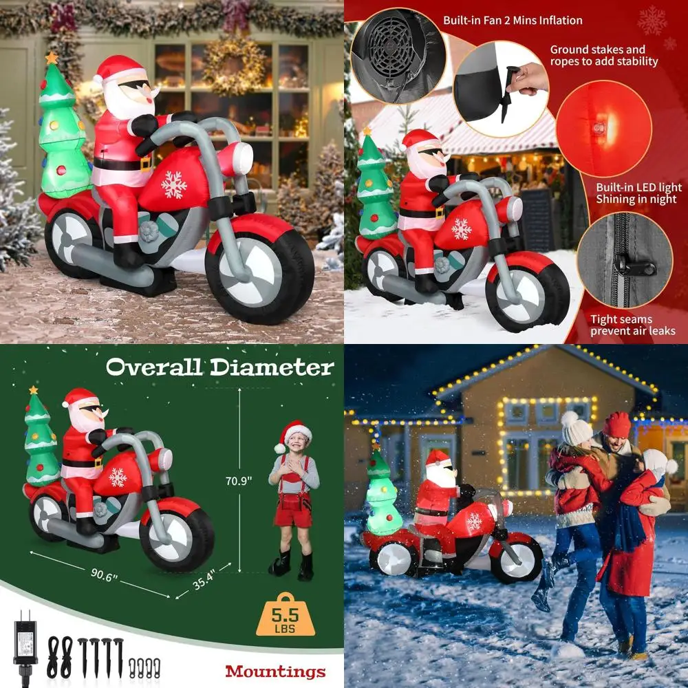 

Надувной Санта-Клаус со светодиодной подсветкой 6 футов на мотоцикле с елочным рождественским уличным декором