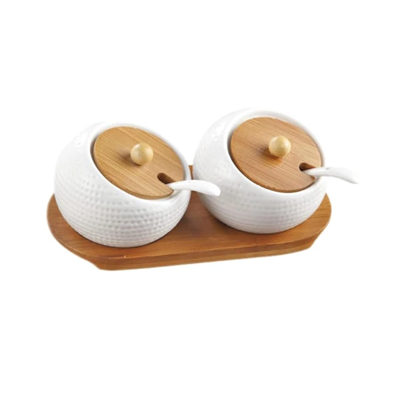 ABKP- Seasoning Jar Set, 2 Pieces With Bamboo Covers, 2  Spoons, Wooden Pallet For Sugar And Spices,