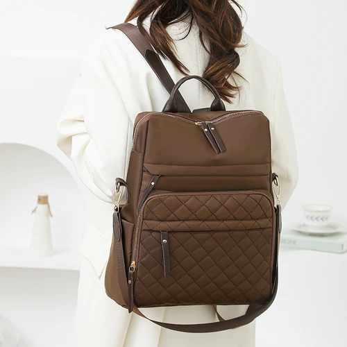 Imagen 2 del producto Mochila a cuadros a la moda para mujer, mochila de nailon impermeable, bolso para mujer, bolsa de libros de gran capacidad, mochilas escolares de fin de semana para viajes al aire libre