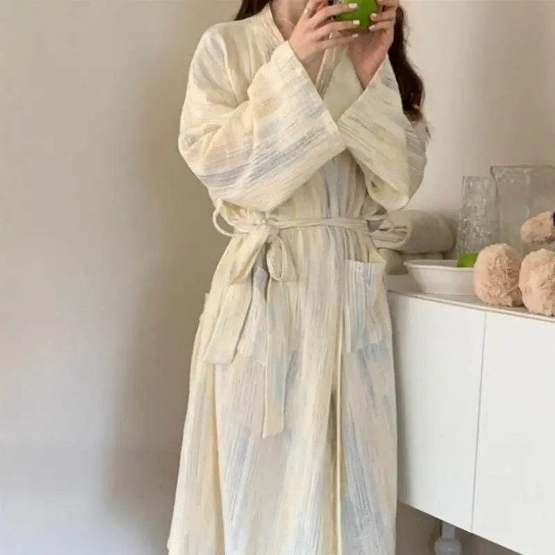 Mulheres impressas robe pijamas jovens meninas sexy solto roupão de manga comprida lazer wear quatro estações roupas para casa camisola nova