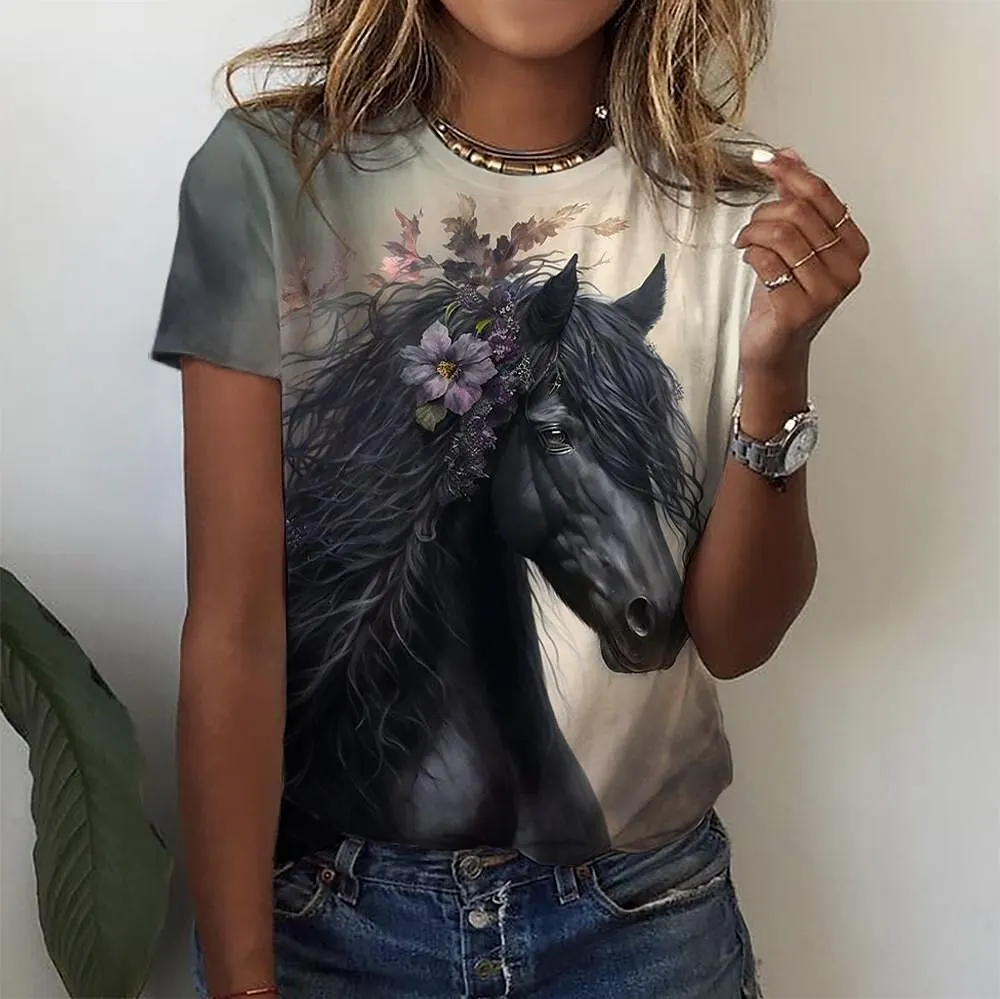 

Fashion Women's T-Shirt Women's 3d Horse Print Kawaii T Shirt Female Casual Clothing Oversized Summer Vintage Aesthetics Tops