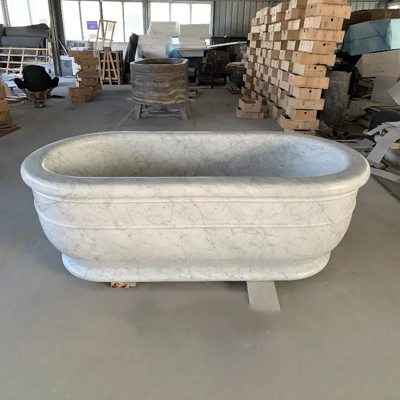 Wholesale Natural White Marble 57 Inch Bathtub Free Standing Stand Alone Tub With Right Or Left Drainer For Vintage Bathroom