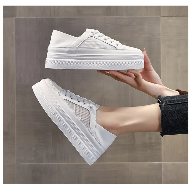 

Breathable Mesh Two Ways Wear Platform White Sneakers For Women 2026 New Genuine Leather Foldable Heel Slip On No Tie Lace Thick