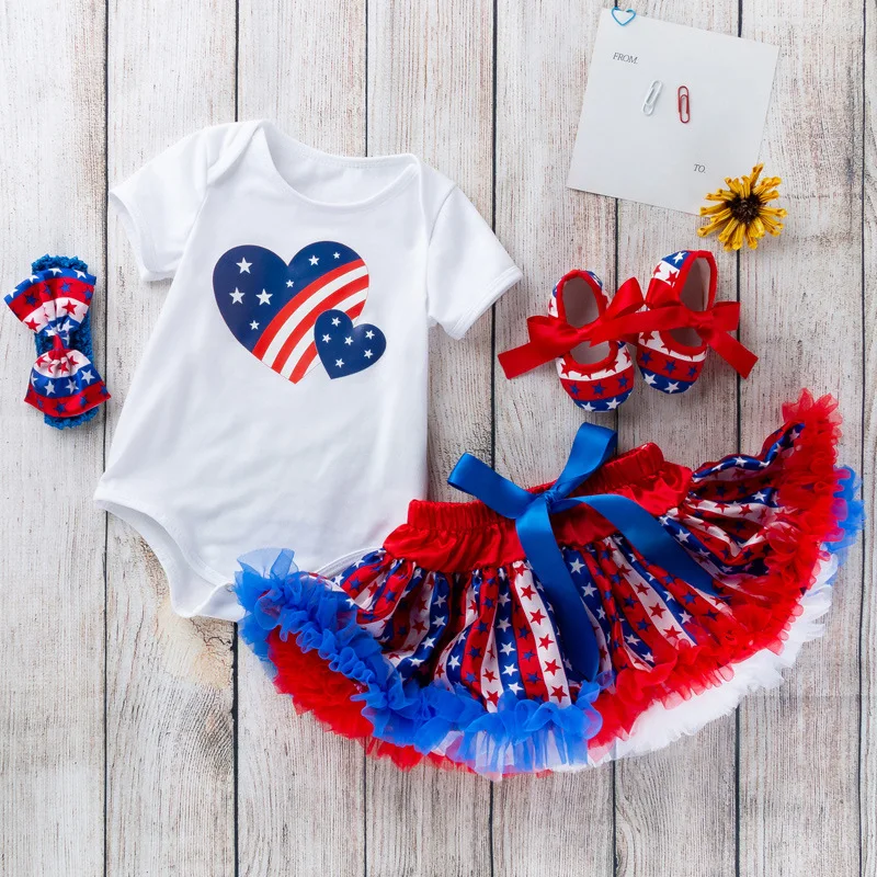 

Children's Clothing Hot Sale Independence Day Baby Set White Cartoon Short Sleeve Romper Star Puff Skirt Set