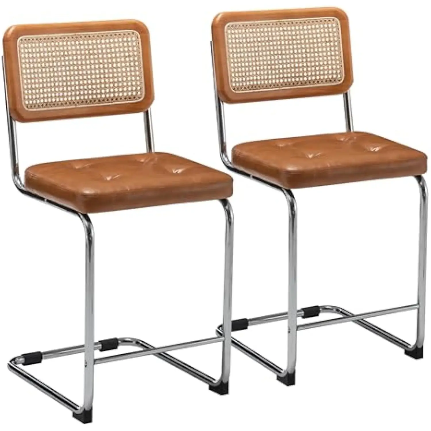

24 Mid Century Bar Stools Set of 2 Brown Faux Leather Upholstered Rattan Counter Height Chairs with Back Modern Barstools for K