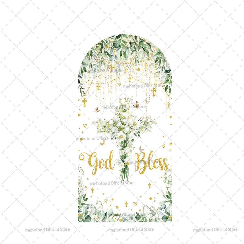 

Mehofond на заказ, 2-сторонний крест для крещения God Bless, детский душ, зеленый цветочный детский чехол на день рождения, арка Chiara, настенный декор, фон