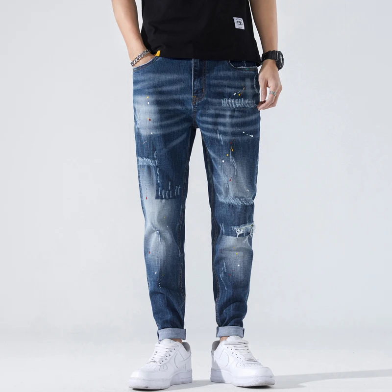 

Ripped Jeans Men Slim Fit Dark Blue Stretch Destroyed Hip Hop Patchwork Beggar Pants Denim Trousers Torn Frayed Motocycle Jeans