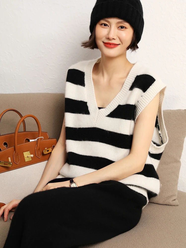 

TLOML New Women's 100% Cashmere Waistcoat V-neck Sleeveless Pullover Autumn Winter Soft Warm Casual Style Cashmere Knitwear Tops