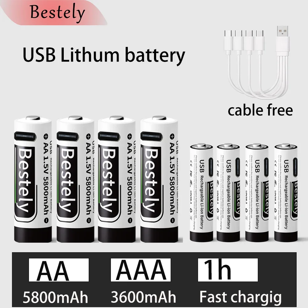 New 1.5V AA 5800mAh+AAA 3600mAh Lithium Rechargeable Battery, USB Fast Charging Li-ion Battery, 2000 Cycles with USB-C Cable
