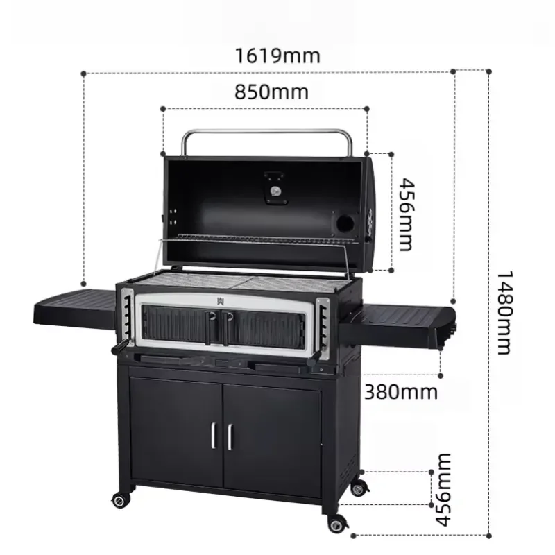 Heavy Duty Cast Iron Charcoal Grill with Trolley and Storage Cabinets Portable Outdoor BBQ Mesh Grate for Garden Camping