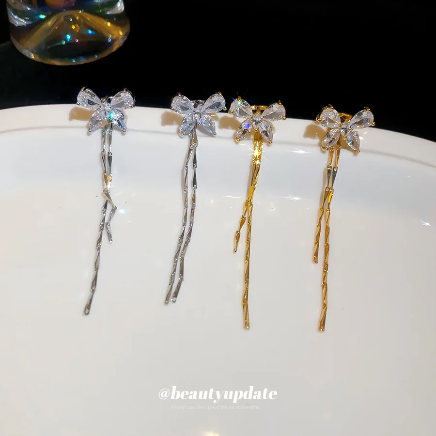 Sparkling Butterfly Tassel Ear Cuff Earrings Shiny Cubic Zirconia Long Drop Threader Cuff Dangle Earrings Jewelry For Women