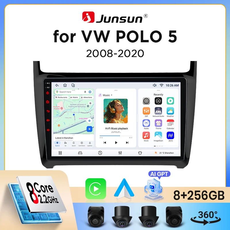 Junsun Bezprzewodowe Radio Samochodowe CarPlay Android Auto do Volkswagena (VW) Polo Mk5 (Typ 6R/6C) 2009-2017 z Wbudowanym Wentylatorem Chłodzącym, Nawigacja GPS Android, Odtwarzacz Multimedialny