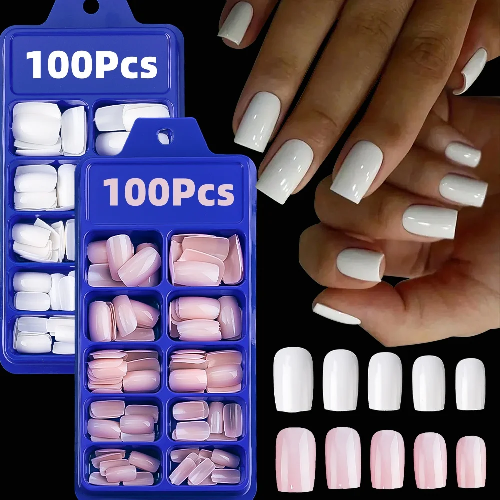 100Pcs Short Square Fake Nails Pink Soild White Press On Nails 10 Sizes Reusable Full Cover Fake Nail Tips Nail Supplies#$#