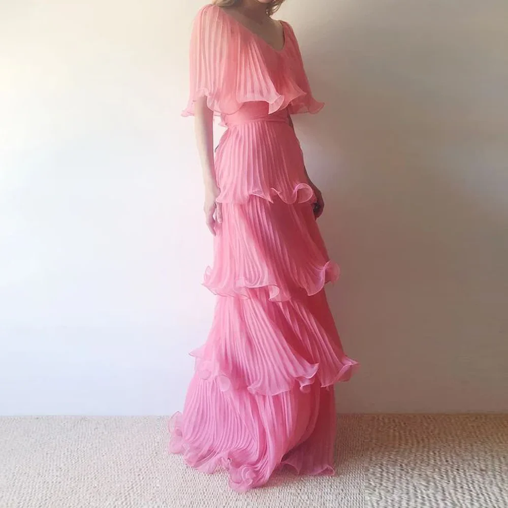 

Pink Organza Pleated Layers Long Evening Party Dresses Off The Shoulder Prom Maxi Dress Crepe Formal Gown vestidos de fiesta