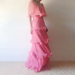 Pink Organza Pleated Layers Long Evening Party Dresses Off The Shoulder Prom Maxi Dress Crepe Formal Gown vestidos de fiesta