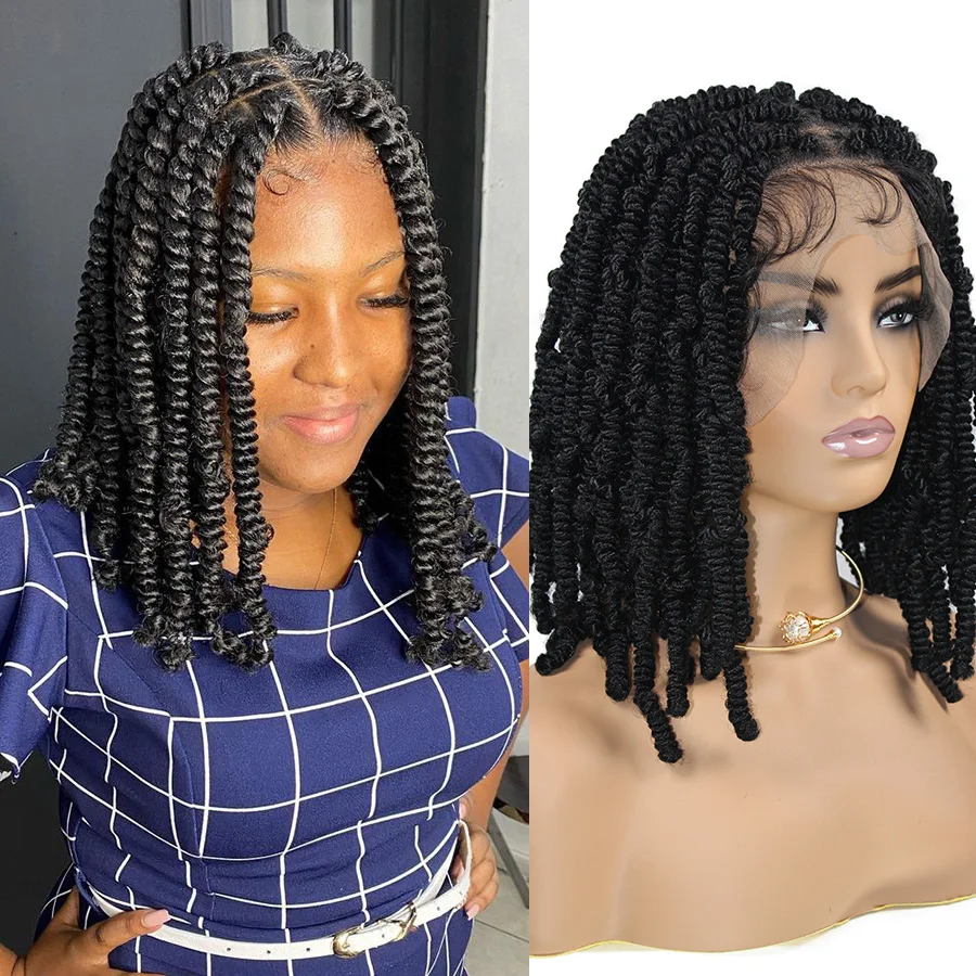 Synthetic Short Passion Twist Braided Wigs Curly Ends Square Part Bob Braided Lace Front Wig For Women Knotless Box Braids Wig