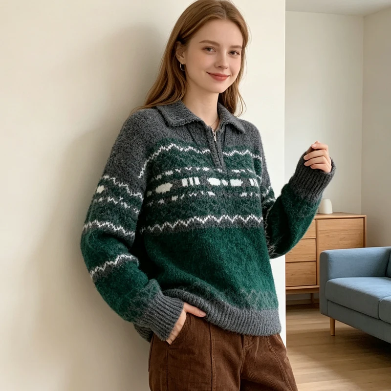 Vintage Women's Knit Sweater Half Zip Polo Collar Pullover Loose Geometric Pattern Jumper Autumn Winter Korean Style Top