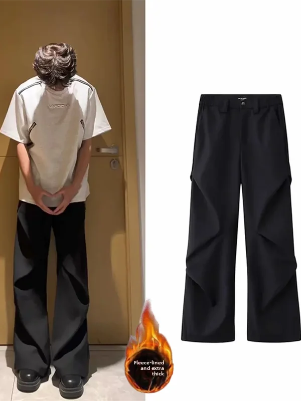

Thickened Fleece Lined Straight Leg Men's Suit Pants American Style Wide Leg Casual Trousers Youth Thick Warm Leisure Pants